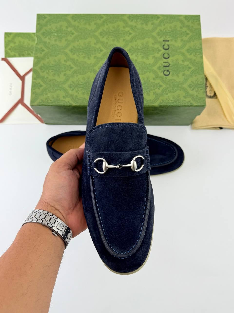 Gucci Horsebit Navy Blue Suede loafer