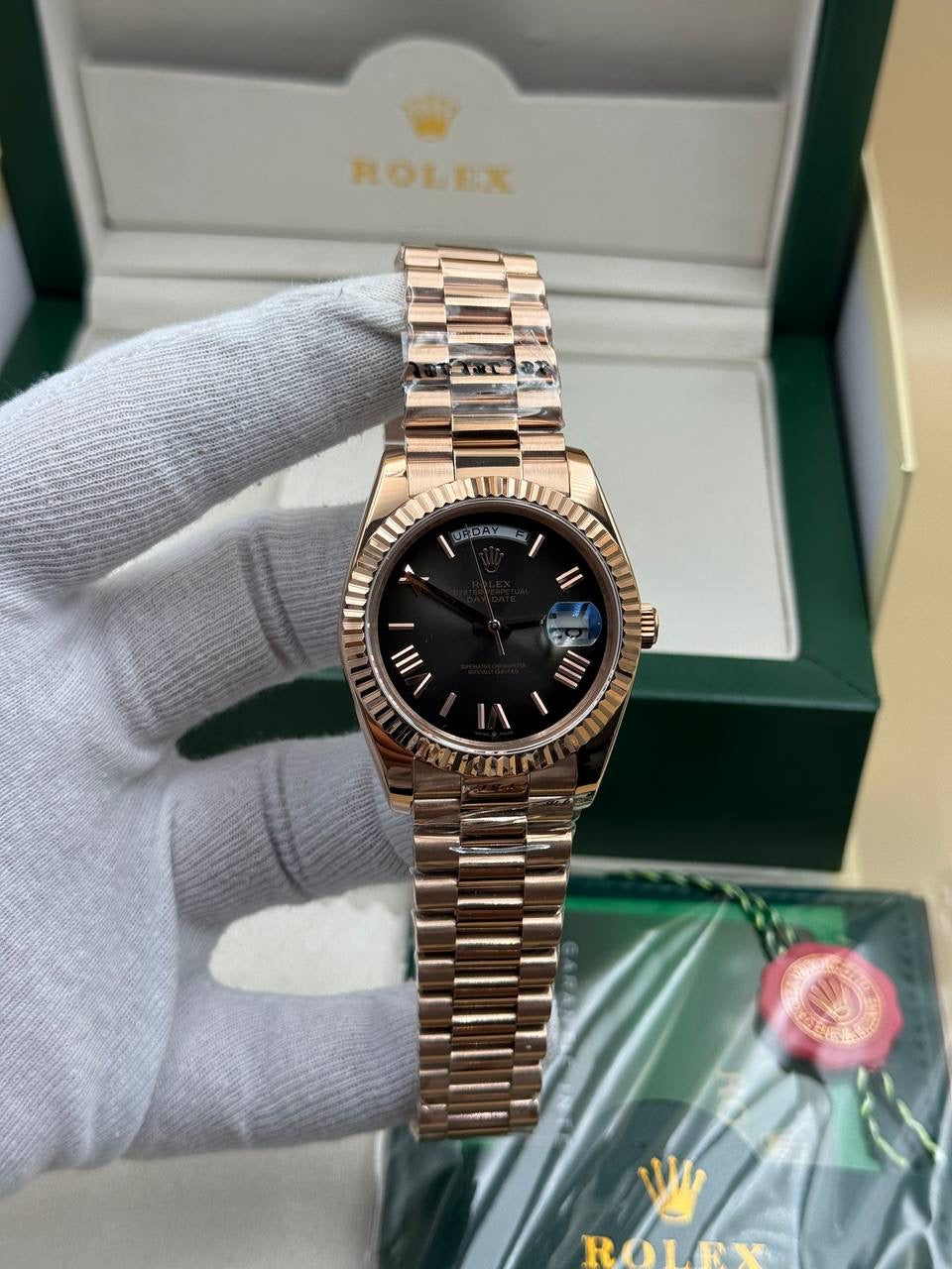 Rolex Daydate Black Ombre Dial Rose President Cordon