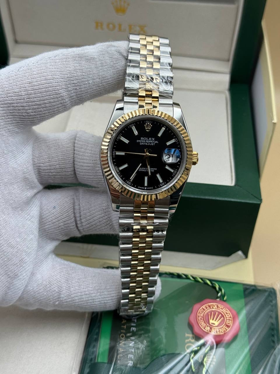 Rolex Datejust Black Dial Two Tone Cordon