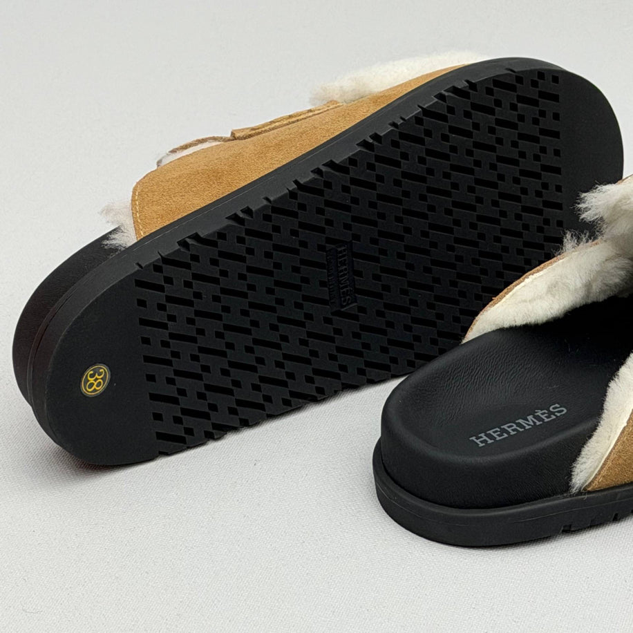 Hermes Ecru Suede Shearling Go Mules