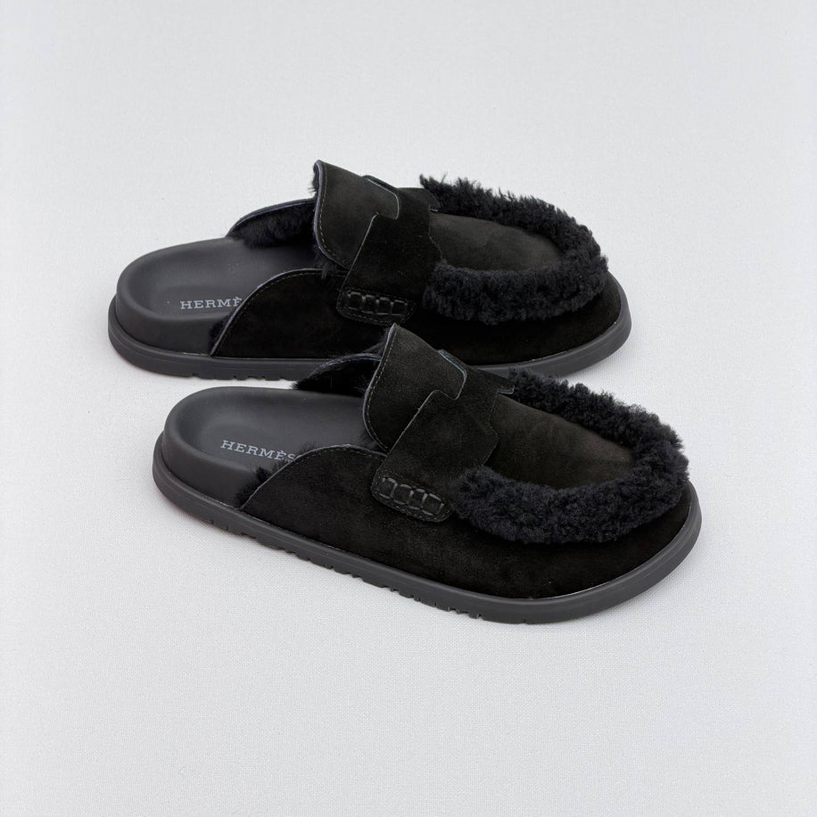 Hermes Ecru Suede Shearling Go Mules