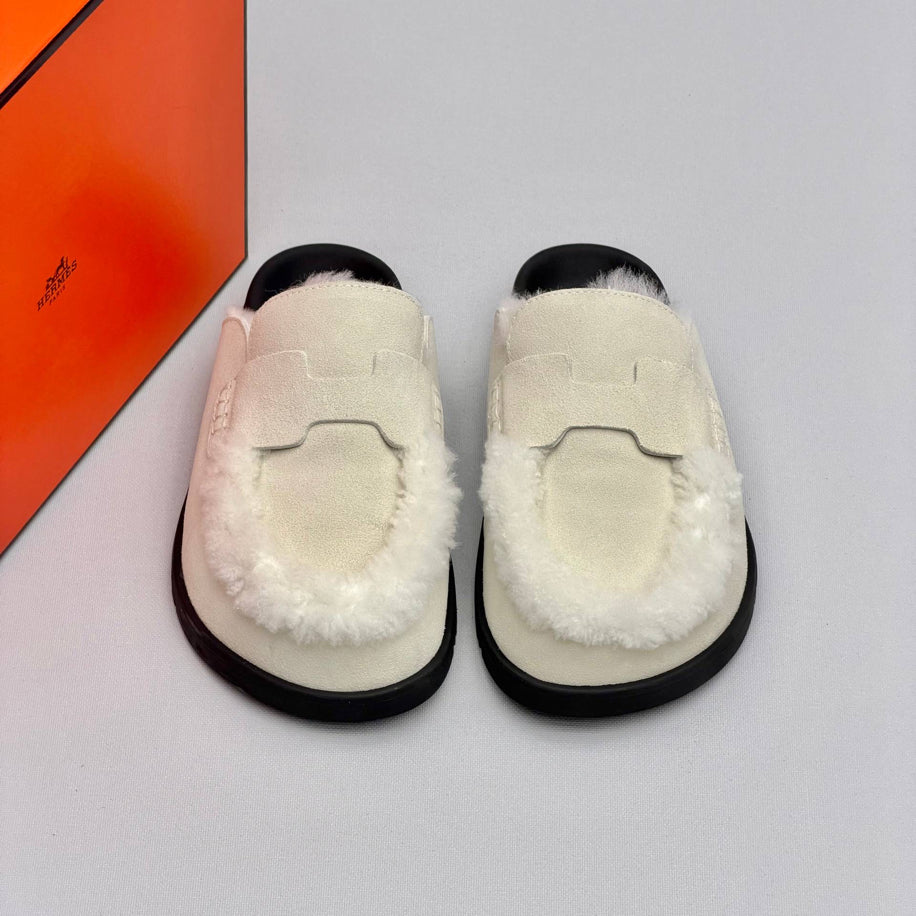 Hermes Ecru Suede Shearling Go Mules