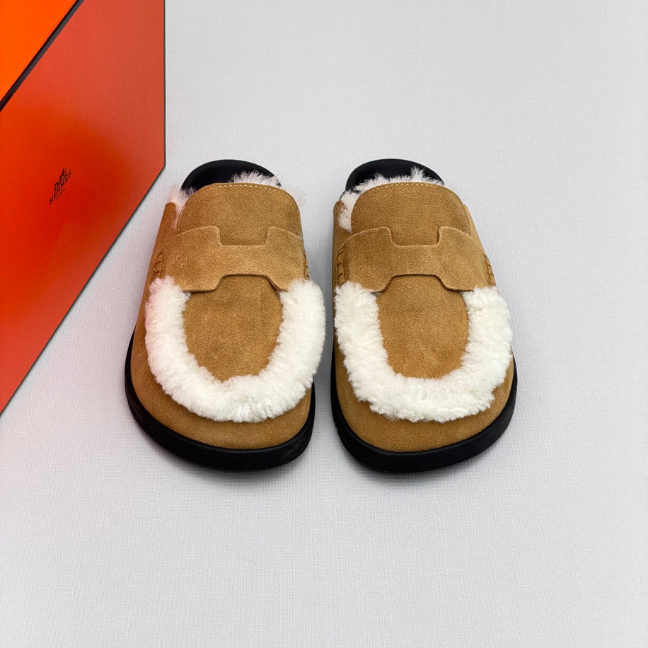 Hermes Ecru Suede Shearling Go Mules