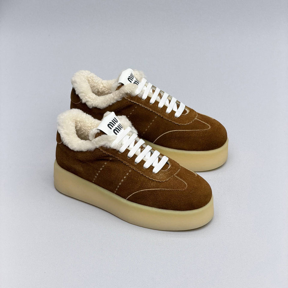 Miu Miu Shearling Trim Suede Sneakers