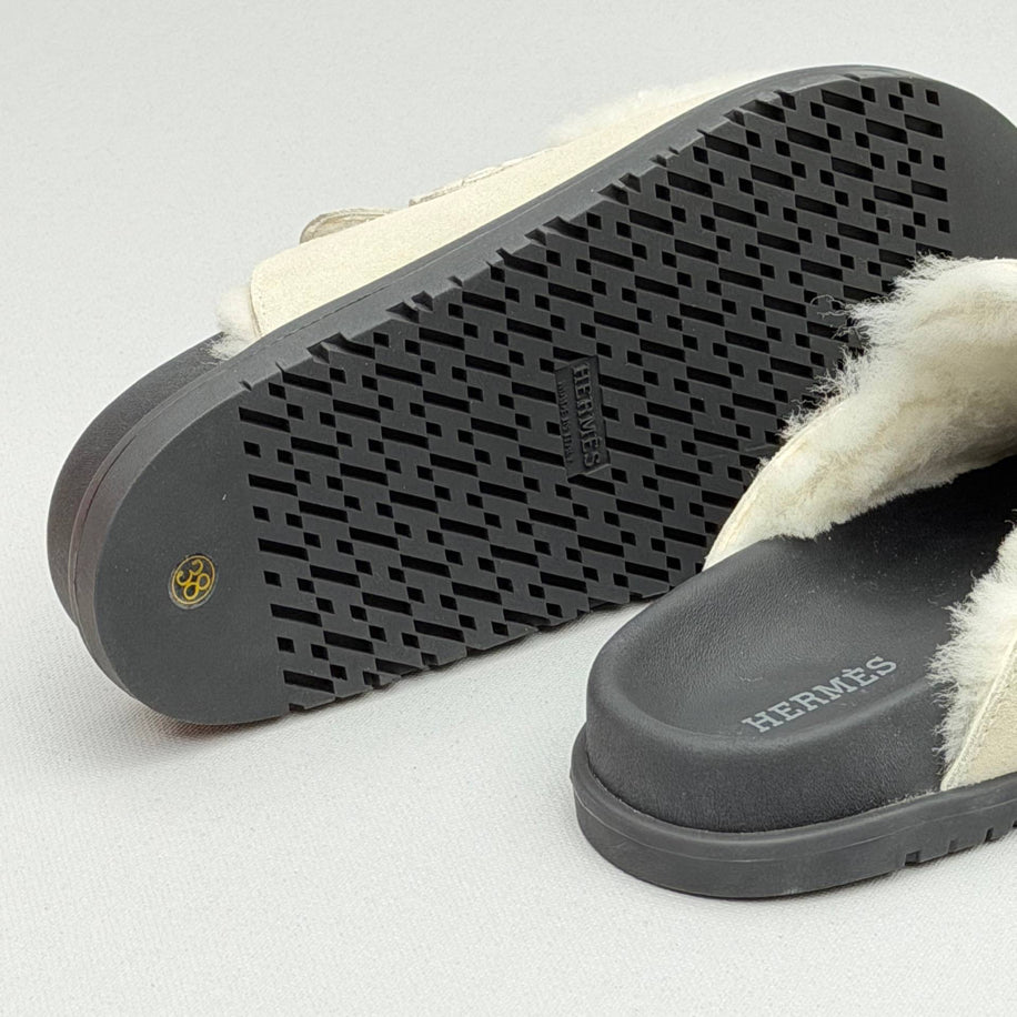 Hermes Ecru Suede Shearling Go Mules