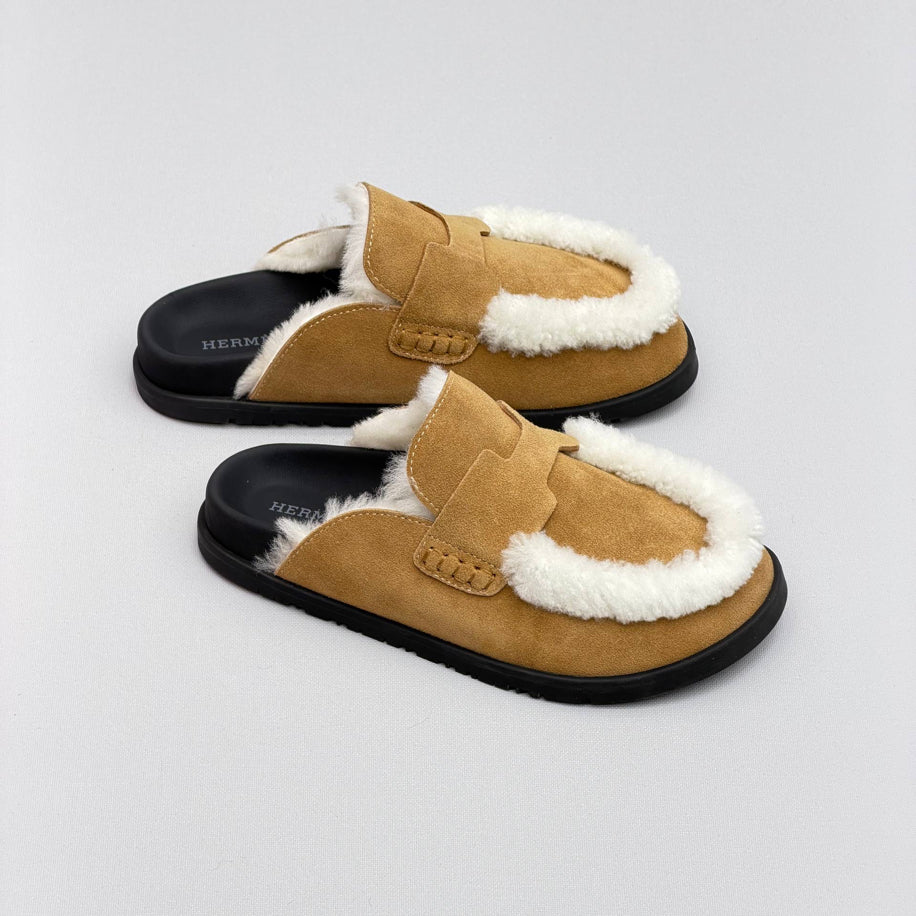 Hermes Ecru Suede Shearling Go Mules