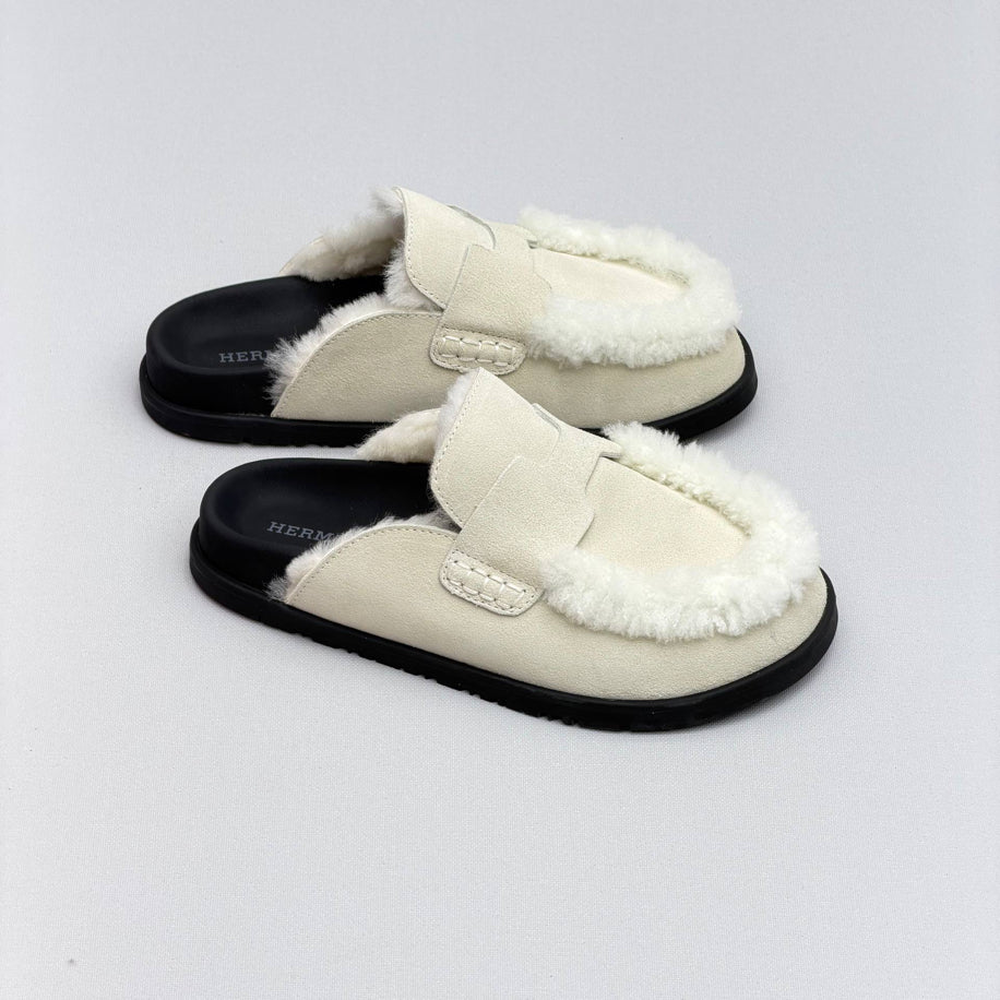 Hermes Ecru Suede Shearling Go Mules