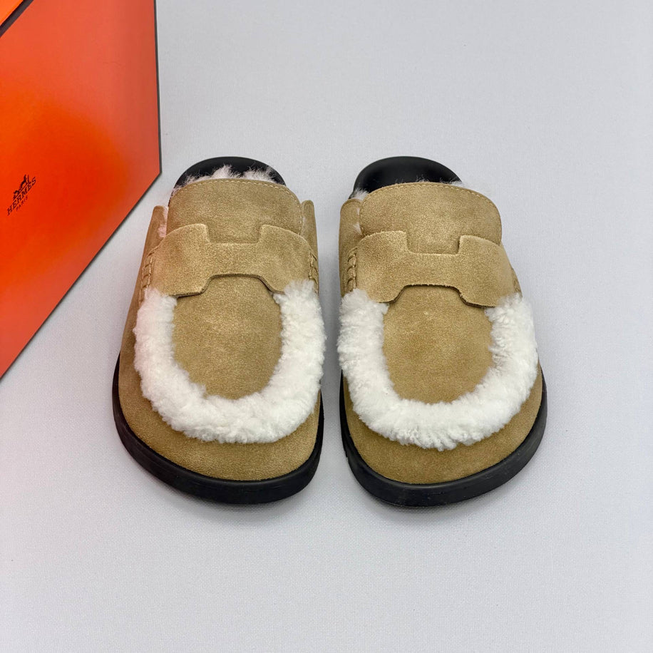 Hermes Ecru Suede Shearling Go Mules