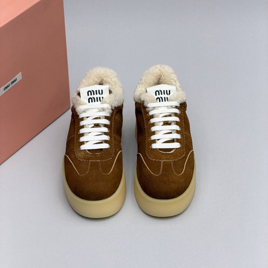 Miu Miu Shearling Trim Suede Sneakers