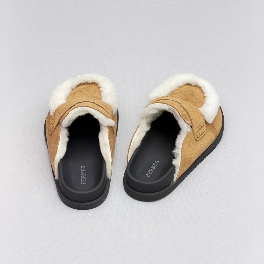 Hermes Ecru Suede Shearling Go Mules