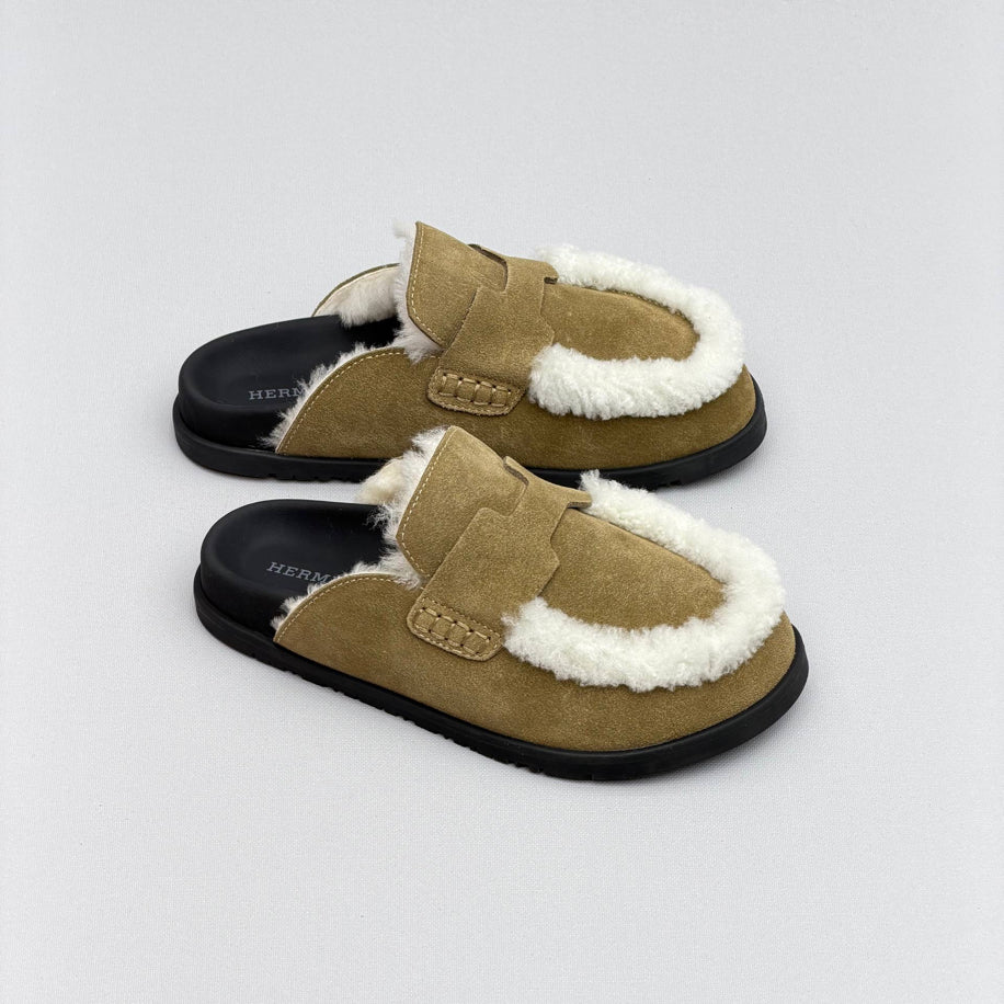 Hermes Ecru Suede Shearling Go Mules