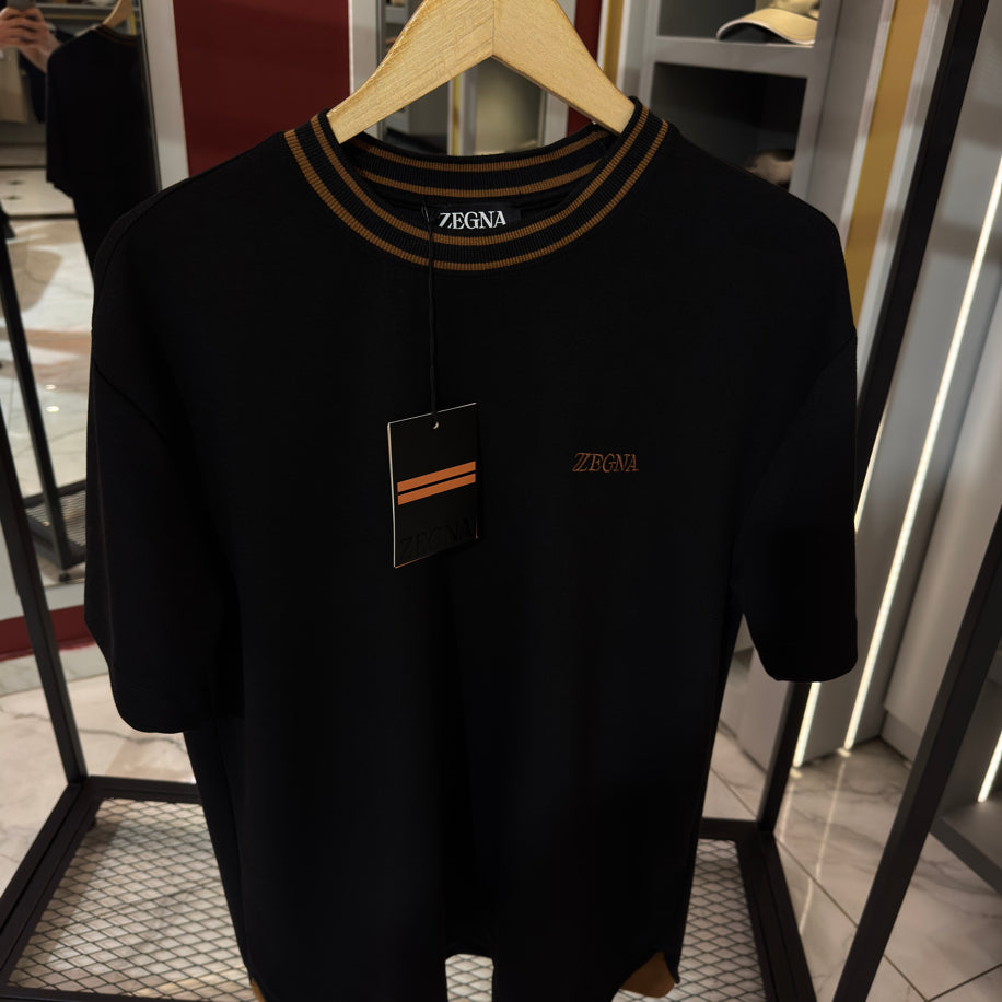 Zegna Logo Detaylı İthal Kumaş Bisiklet Yaka T-Shirt