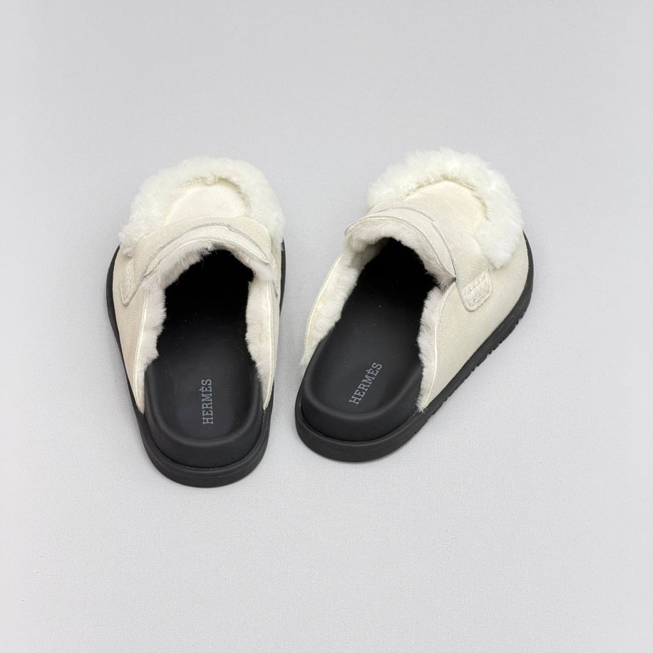 Hermes Ecru Suede Shearling Go Mules