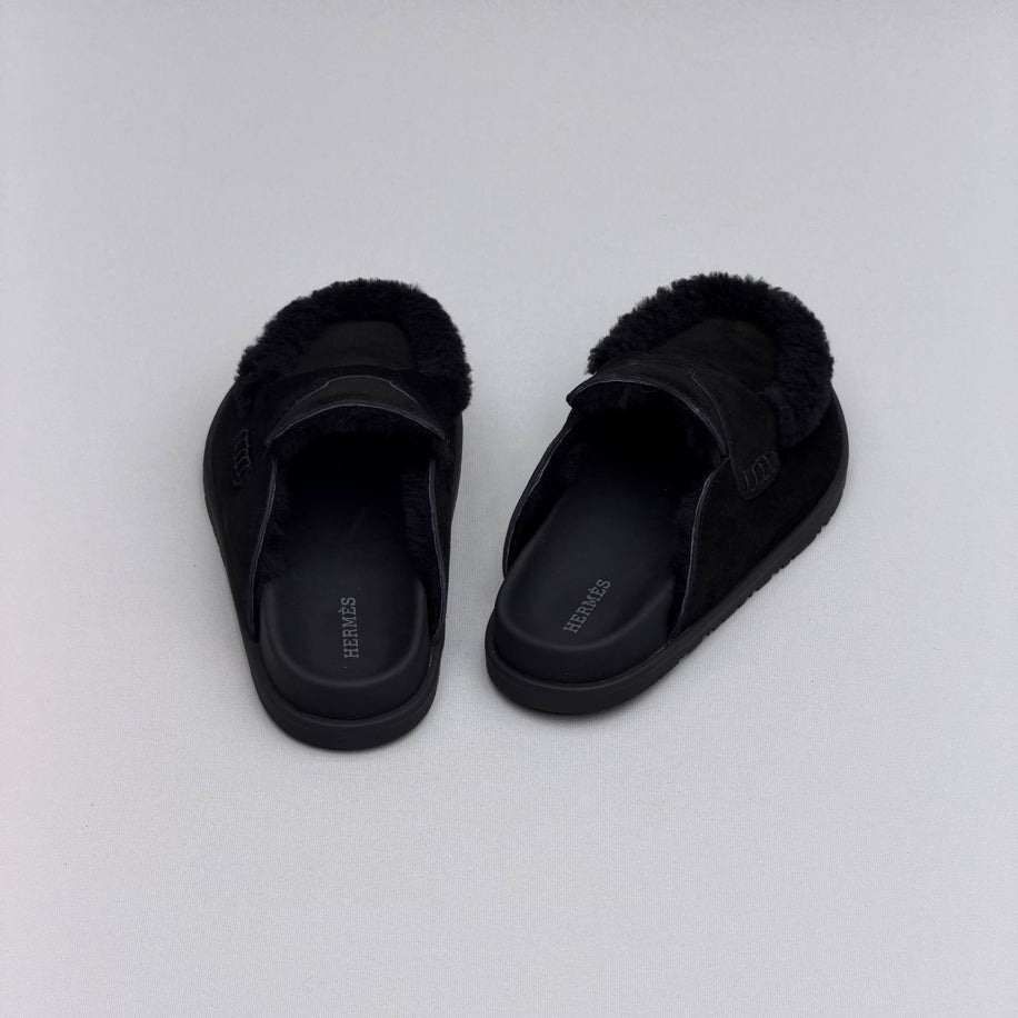 Hermes Ecru Suede Shearling Go Mules