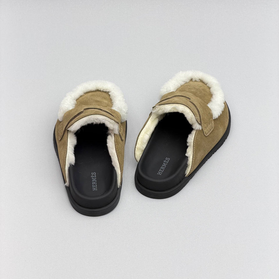 Hermes Ecru Suede Shearling Go Mules