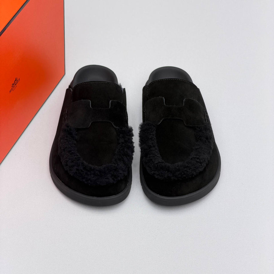 Hermes Ecru Suede Shearling Go Mules