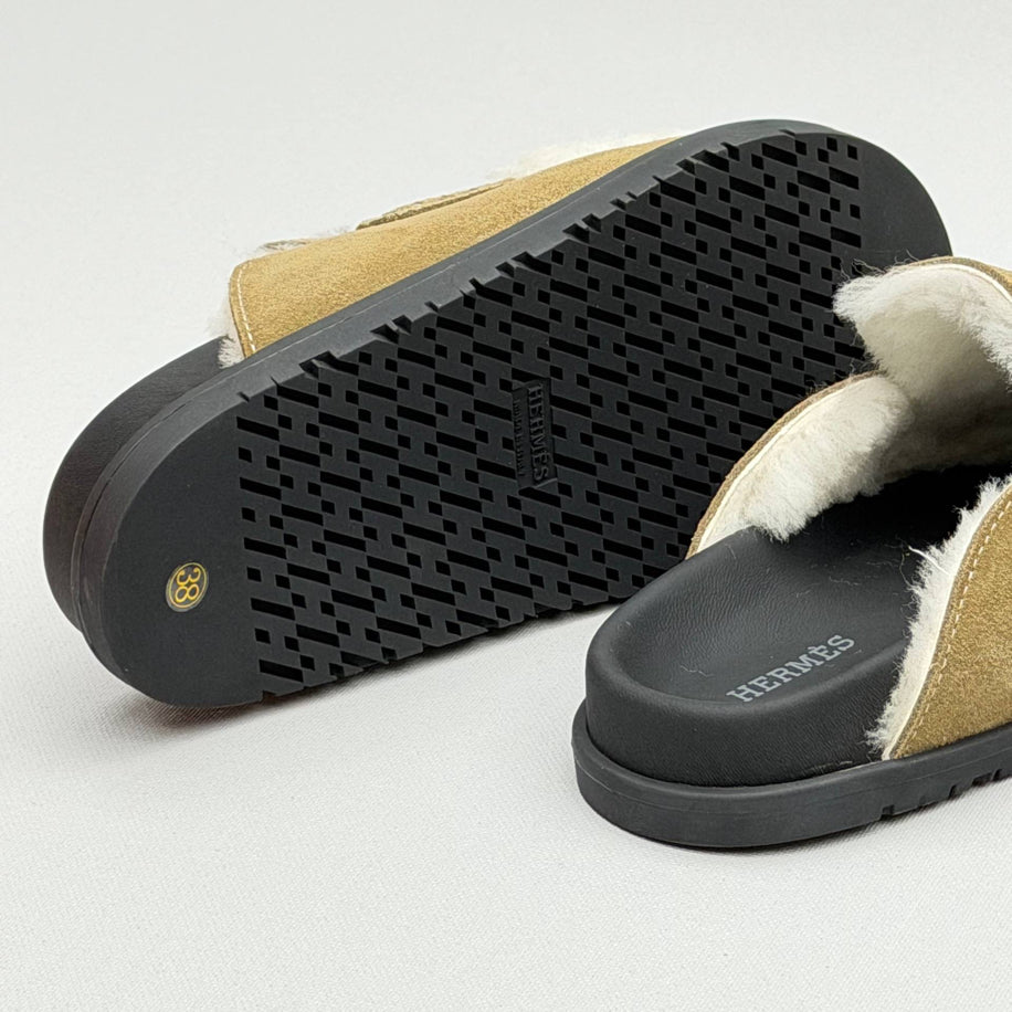 Hermes Ecru Suede Shearling Go Mules