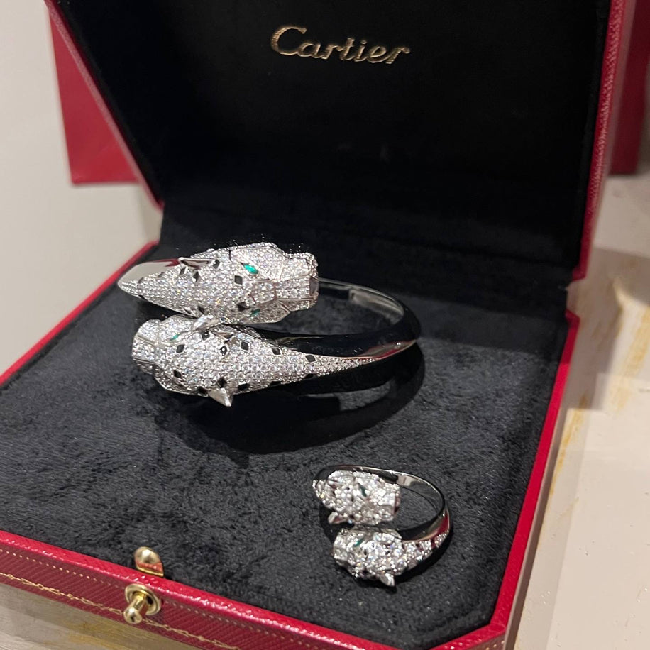 Cartier Panther’e Silver Taşlı Bileklik Yüzük Set
