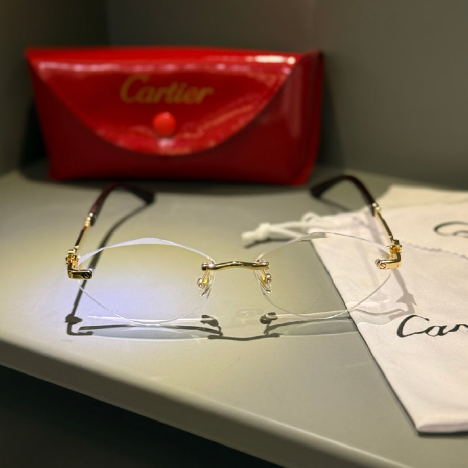 Cartier (Ahşap Sap Şeffaf Cam) Güneş Gözlüğü