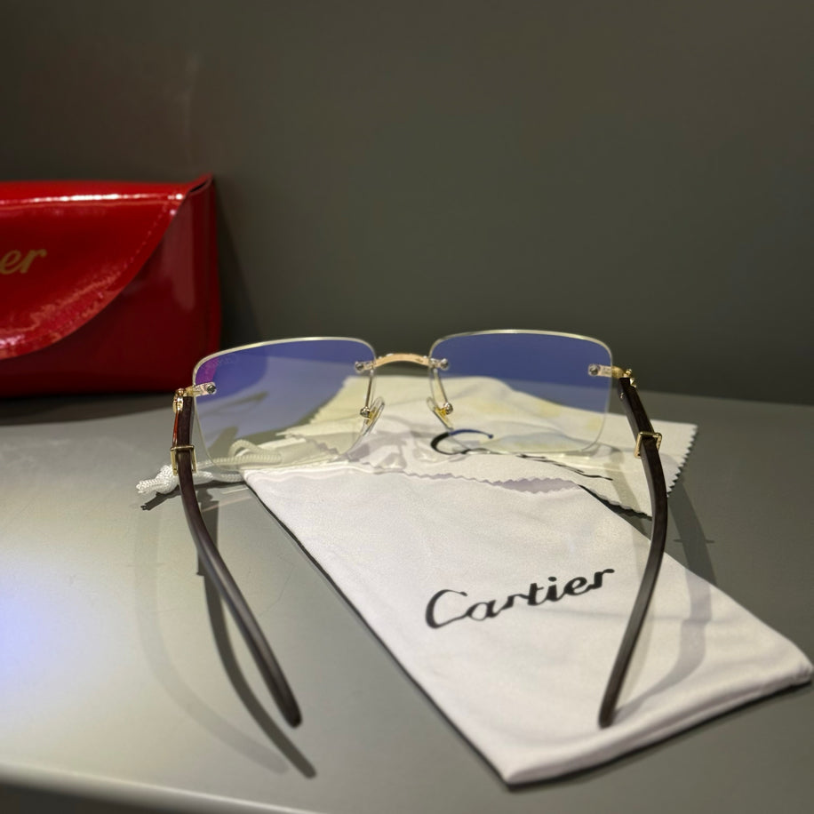 Cartier (Ahşap Sap Şeffaf Cam) Güneş Gözlüğü