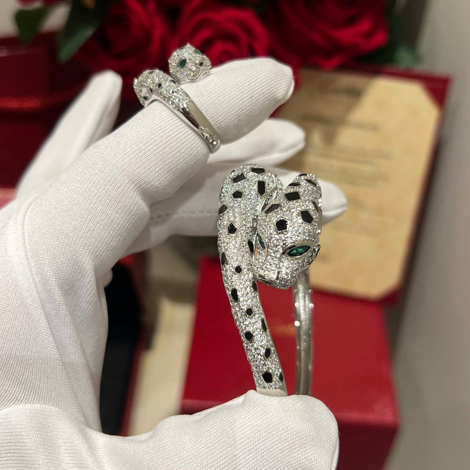 Cartier Panther’e Silver Taşlı Bileklik Yüzük Set