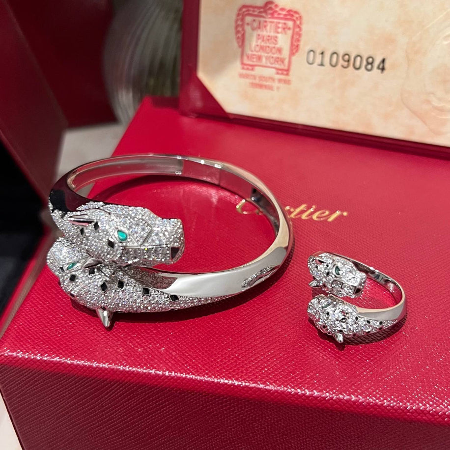Cartier Panther’e Silver Taşlı Bileklik Yüzük Set